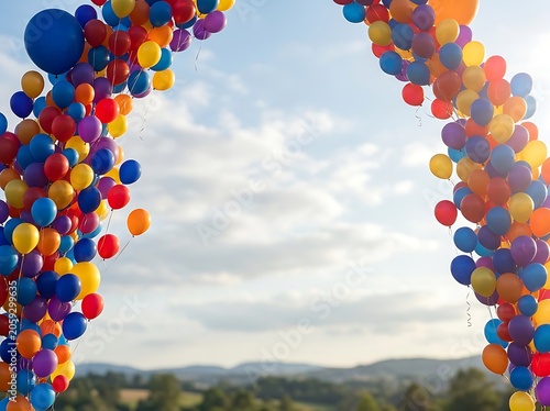Colorful balloon arch framing a beautiful landscape view under a blue sky