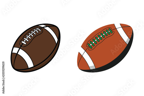 Two american footballs with different colors and laces with white background