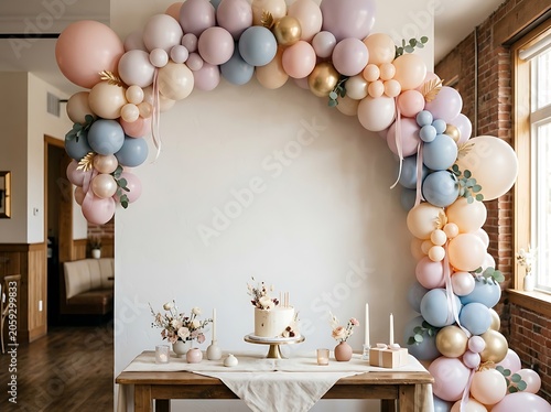 Elegant Pastel Balloon Arch and Celebration Cake on a Wooden Table