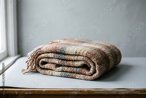 Folded cozy wool blanket with fringe on a wooden shelf