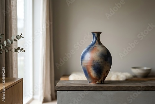 Handmade Ceramic Vase with Blue and Earthy Glaze in Minimalist Interior