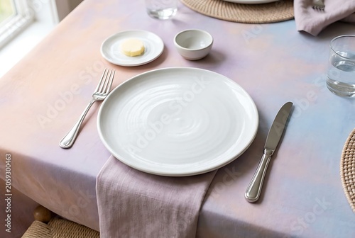 Modern table setting with white ceramic plate on pastel watercolor tablecloth