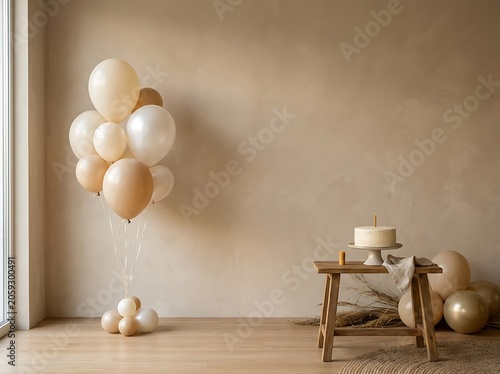 Minimalist Birthday Scene with Neutral Balloons and Cake
