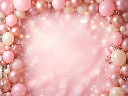 Pink and Rose Gold Balloon Frame Background with Shimmering Bokeh and Sparkles