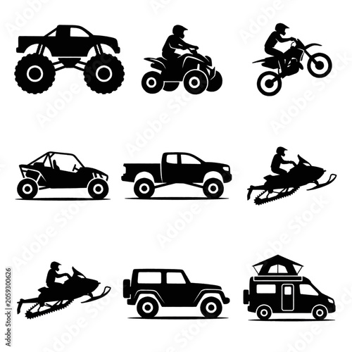 Foto Collection of black and white vector icons representing various off-road vehicles and recreational vehicles