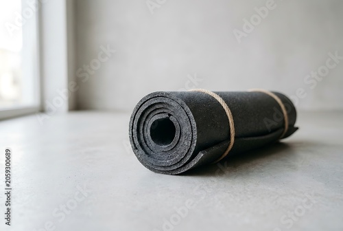 Rolled up black yoga mat on concrete floor in minimalist studio
