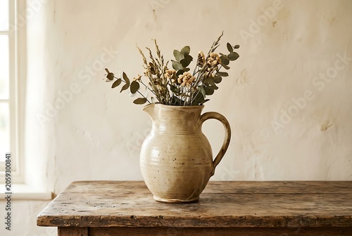 Rustic Ceramic Pitcher with Dried Flowers on a Wooden Table