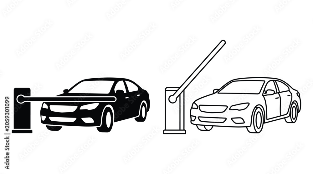 Obraz premium Barrier gate and sedan car black silhouette and line drawing