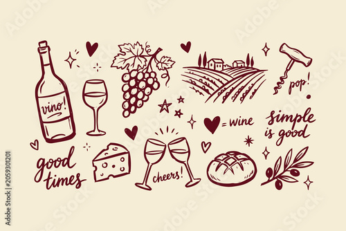 Photos Hand drawn wine collection set with grapes bottle glass cheese bread and vineyar