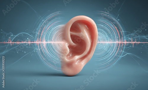 Ear with sound waves on blue.