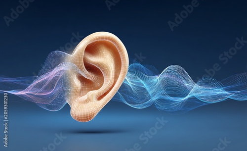 Ear with sound waves on blue.