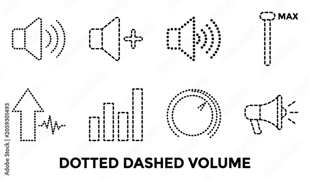 Obraz premium Dotted dashed volume icons with sound waves and bars indicating audio level control for speakers and music playback control.