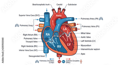 Photos Human heart anatomy diagram showing blood flow and internal structures