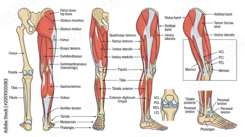 Foto Human leg muscular and skeletal anatomy with medical labels