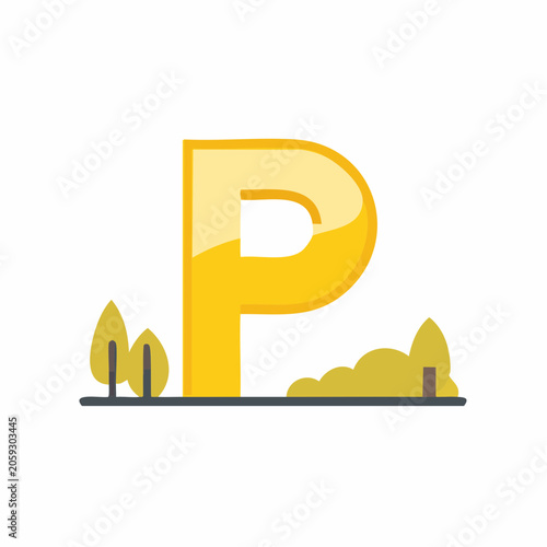 Yellow Letter P with Trees and Bushes