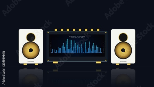 High-tech audio equipment displays sound wave on screen with speakers