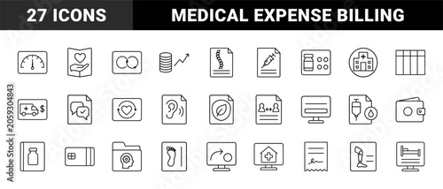 Deductible tracking line icon set. Vector pictograms of insurance healthcare, medical expense, financial billing, and coverage limit elements, thin linear illustration.