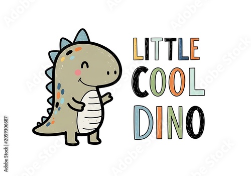 Whimsical cartoon dino design in soft greens and blues, with playful 'Little Cool Dino' typography.