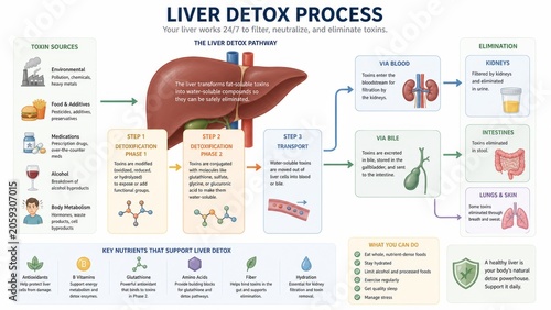 Liver detox process infographic explaining medical pathway of toxin filtration and elimination. Educational biological diagram of human anatomy and health functions for clinical and wellness