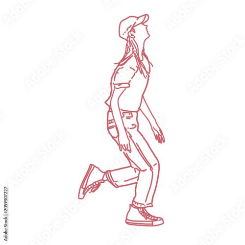 Young woman in casual clothing and baseball cap looking up, drawn in a single line art style. A minimalist line drawing of a carefree young woman with her head tilted back, wearing jeans, t-shirt