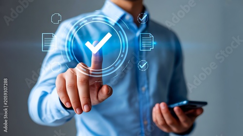 Quality assurance and approval verification concept with digital checkmark validation