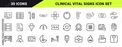 Vital signs monitoring line icon set. Vector pictograms of healthcare, medical, clinical, and telehealth elements, thin linear illustration.
