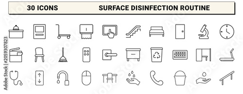 Surface disinfection schedule line icon set. Vector pictograms of cleaning, sanitation, hygiene, and maintenance elements, thin linear illustration.
