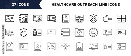 Health equity program line icon set. Vector pictograms of clinical, access, community, and administrative elements, thin linear illustration.