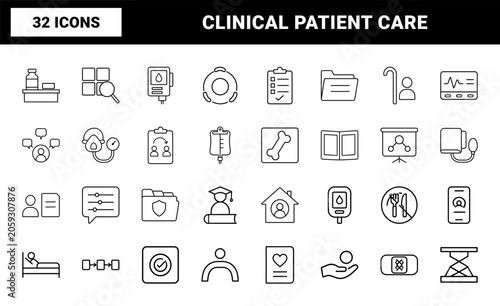 Healthcare and clinical workflow line icon set. Vector pictograms of patient care, medical training, hospital management, and caregiver education elements, thin linear illustration.