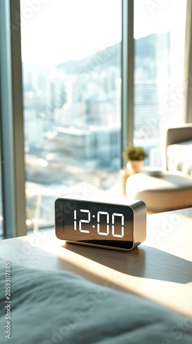 Digital Alarm Clock Showing Noon in Bright High Rise Bedroom