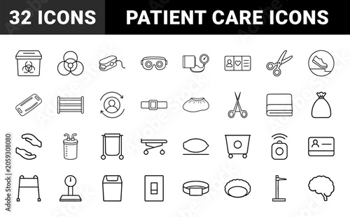 Patient safety rounds line icon set. Vector pictograms of clinical, hospital, medical, and care elements, thin linear illustration.