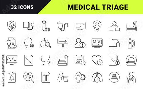 Healthcare medical line icon set. Vector pictograms of triage, respiratory, emergency, and clinical elements, thin linear illustration.
