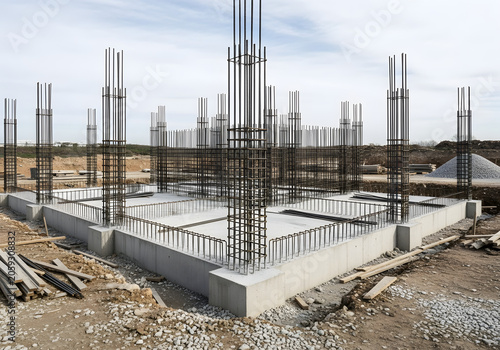 Fototapeta Construction workers build foundation with steel rebar and concrete on a cloudy day outdoors