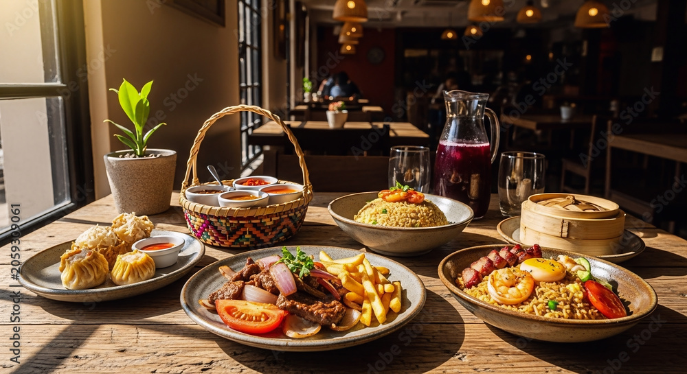 Fototapeta premium An authentic chifa feast featuring diverse peruvian-chinese fusion dishes like lomo saltado, fried rice, and dim sum arranged on a rustic wooden table