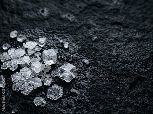 Macro of cubic salt crystals on dark textured rock