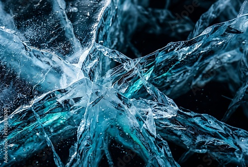 Macro View of Cracked Deep Blue Ice Texture with Shards