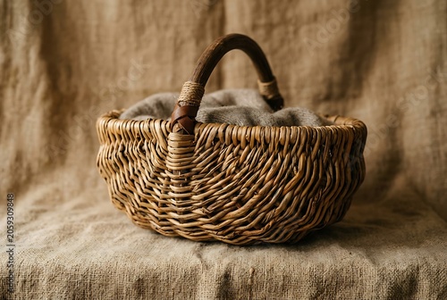 Rustic Woven Wicker Basket with Soft Blanket on Burlap Background