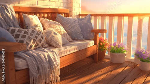 Warm sunlight illuminates a cozy wooden porch swing adorned with numerous decorative pillows and blankets.