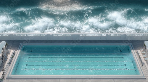 Rectangular swimming pool sits adjacent to churning ocean water viewed from an elevated perspective
