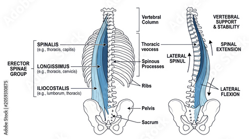 Tableau sur toile Erector spinae muscle group and human vertebral column anatomy diagram
