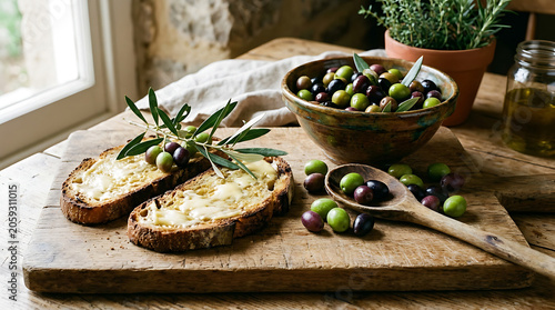Fresh Olives with Toasted Bread and Olive Oil During Golden Hour Light