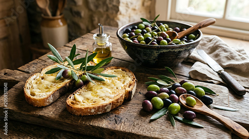 Freshly baked bread with olive oil and olives on a rustic wooden table during golden hour