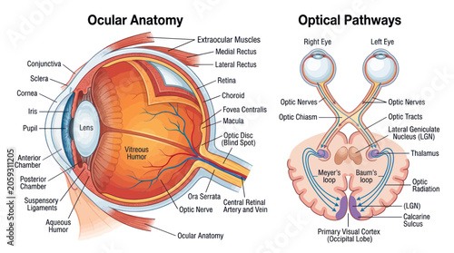 Bild auf Leinwand Medical diagram of human ocular anatomy and optical pathways