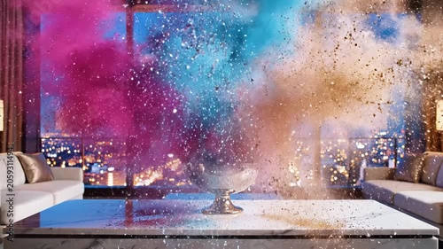 A living room with a city view at dusk features a bowl with colorful smoke