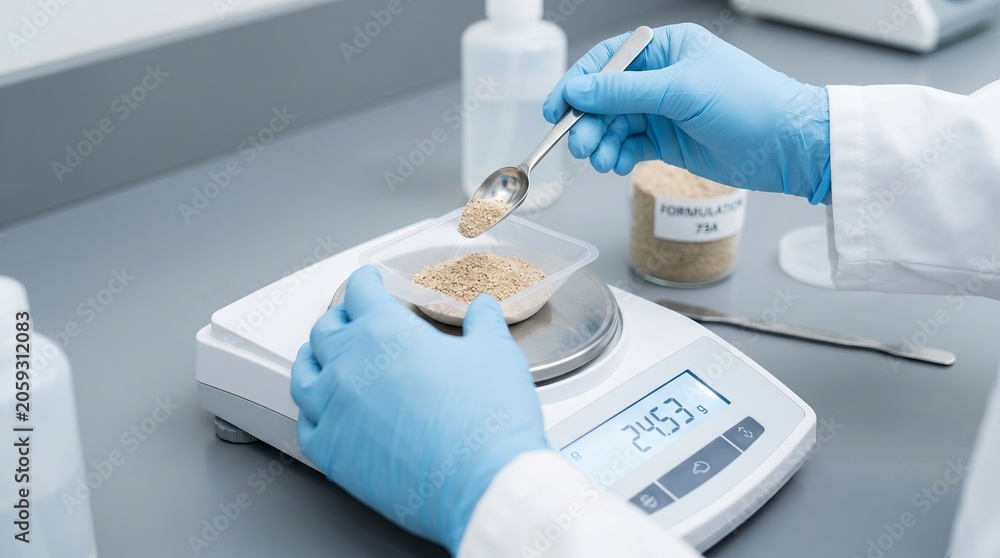Fototapeta premium Woman scientist weighing chemical powder on digital laboratory scale. Researcher preparing effective pesticide formula for pest control product testing in professional science facility