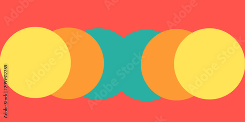 Abstract colorful circles overlapping on coral background. Vibrant overlapping circles in yellow, orange, and teal creating a cheerful and dynamic abstract pattern.
