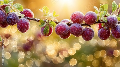 Deep purple stone fruits covered in glistening morning frost hang from a small branch against a warm golden background.