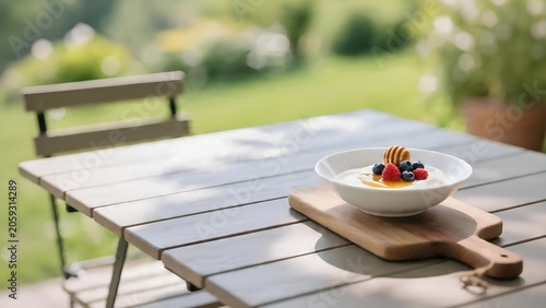 Healthy yogurt bowl with fresh berries and honey on outdoor wooden table.