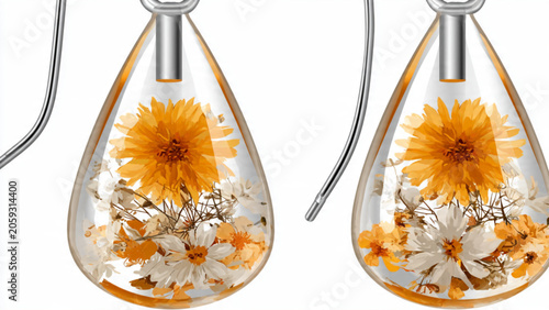 Clear glass teardrop pendant light filled with bright yellow and white flowers and delicate greenery