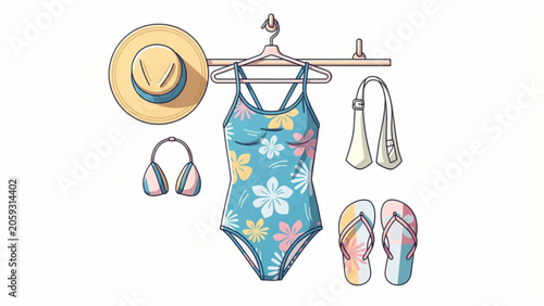 Decorative summer beach accessories including swimsuit flip flops hat and towel on wall with hooks